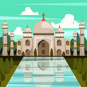 帝王陵墓印度正交构图与泰姬陵的建筑反映大理石池平矢量插图中印度泰姬陵正交成插画