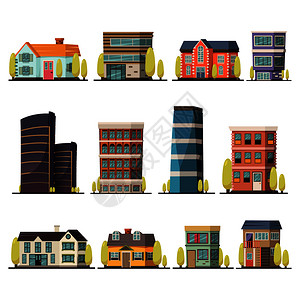 正交装饰图标集生活建筑,包括城市塔楼村庄别墅孤立平矢量插图生活建筑正交图片