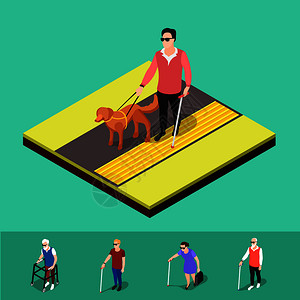 等距盲人背景与人类特征的部分视力人行走灯芯绒触觉铺路矢量插图盲人铺垫背景背景图片