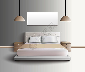 免抠床头柜卧室家具内部逼真的构图与床的图像与床头柜悬挂灯罩矢量插图现代卧室内部成插画