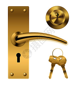 无钥匙进入逼真的门把手锁元素与黄金金属外壳串钥匙单独的锁孔矢量插图门把手钥匙套插画
