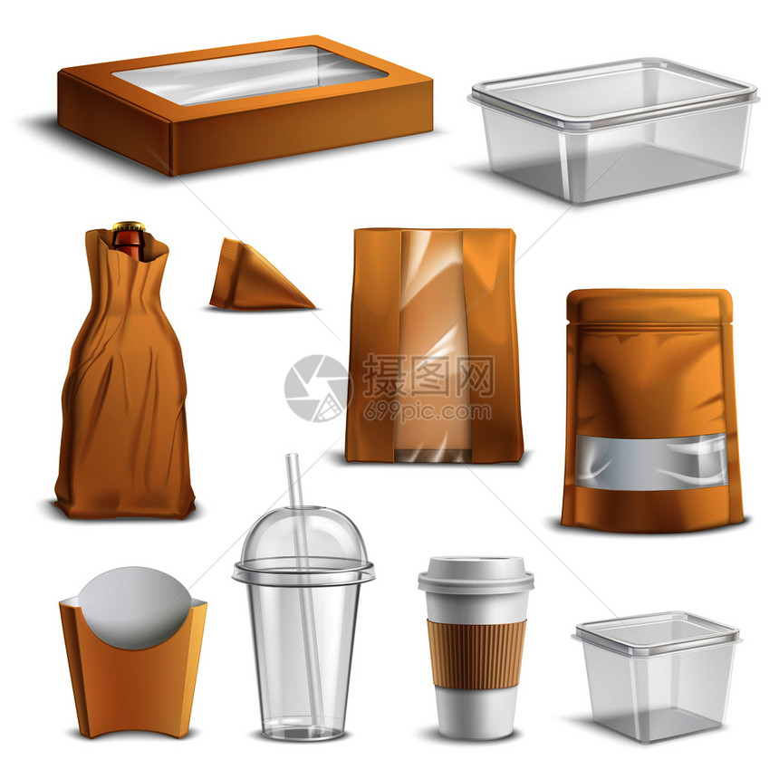 快餐空包现实与透明塑料焦炭杯纸袋容器隔离矢量插图快餐外卖包装写实套装图片