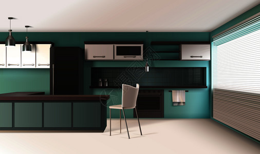 现代厨房室内写实与绿松石彩色墙壁,百叶窗,烤箱挂灯矢量插图当代厨房内部成背景图片
