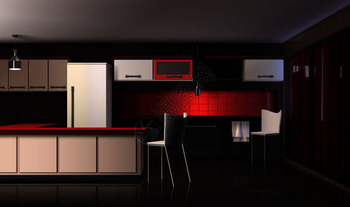 豪华厨房现代厨房室内写实构图,黑色红色白色货架矢量插图豪华现代厨房内部插画
