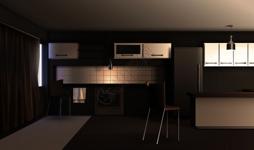 厨房黑色背景现代厨房室内写实构图,深色家具地毯窗帘阴影矢量插图工作室公寓厨房插画