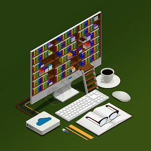 咖啡与书素材电子学等距成与电子图书馆计算机监控教科书眼镜上的绿色背景三维等距矢量插图电子学等距成插画