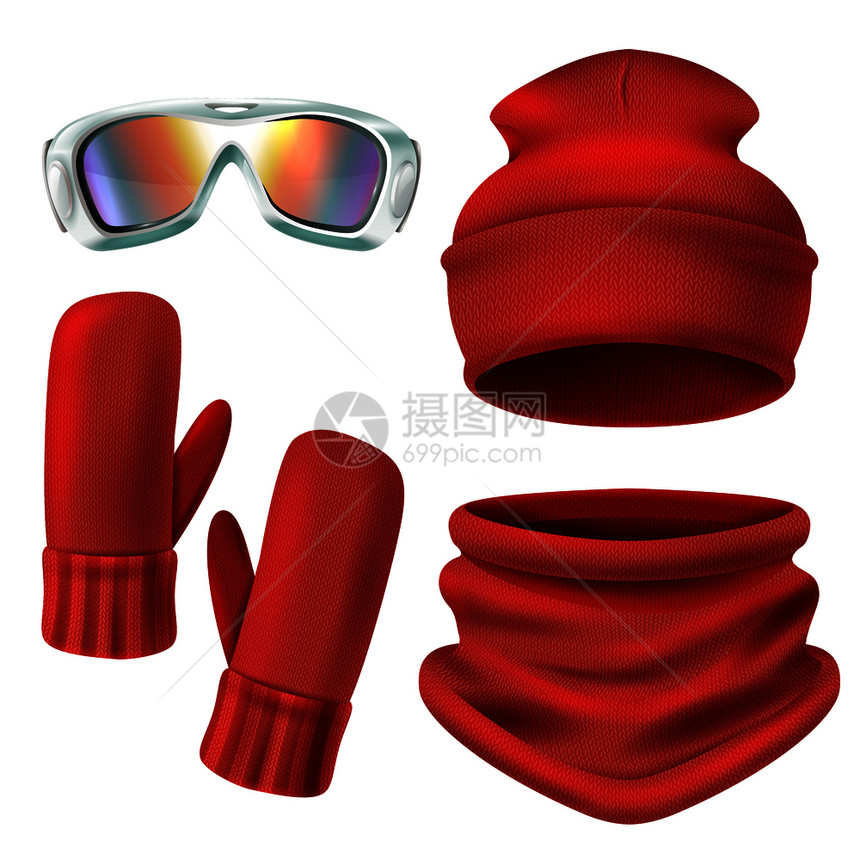 红色滑雪服图标帽子手套针保护矢量插图彩色滑雪服图标图片