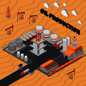 燃料储罐石油生产等距成与工业建筑,井架,储罐储存,运输沙漠背景矢量插图石油生产等距成分插画