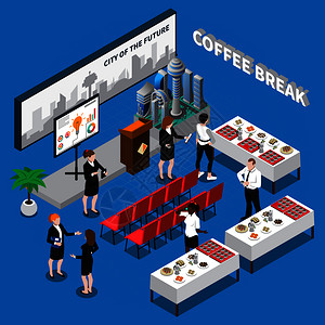 咖啡休息等距成,包括商务人士礼堂与饮料零食桌子矢量插图咖啡休息等距成分图片