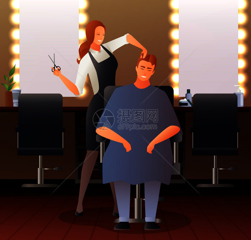 理发师发型师理发梯度平人构图与美发厅内部座椅镜子人物矢量插图女理发师平构图图片