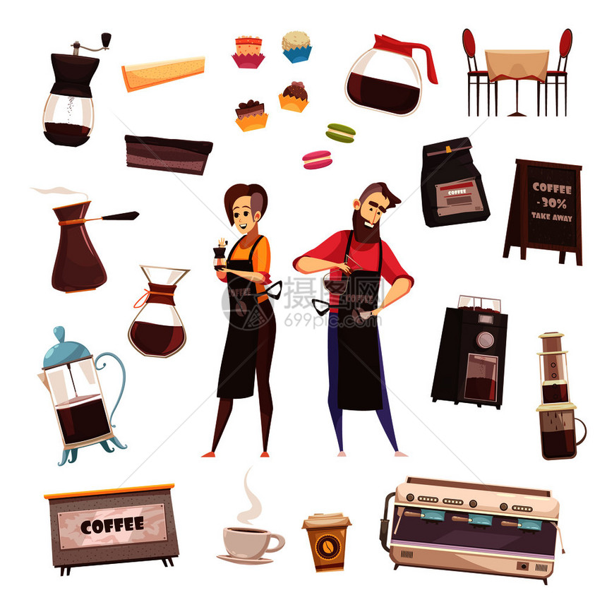 咖啡屋装饰图标集酒吧咖啡师人物自动咖啡机Aeropress咖啡机cezve法国压榨元素平矢量插图咖啡厅装饰图标图片