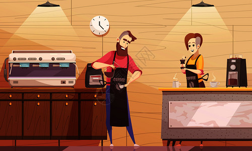 自动咖啡机咖啡屋矢量插图与咖啡师酒吧服务员站咖啡机附近,并持酿造饮料咖啡馆矢量插图插画