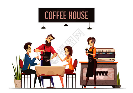 咖啡馆的与轻夫妇坐餐厅的桌子咖啡师倒咖啡平矢量插图咖啡屋理念图片