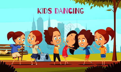 孩子们跳舞卡通矢量插图孩子们跳舞矢量插图背景图片