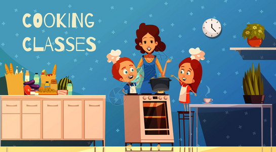 印刷术盘烹饪课为儿童厨房内部卡通矢量插图与轻妇女教孩子如何饭儿童矢量插图烹饪课插画