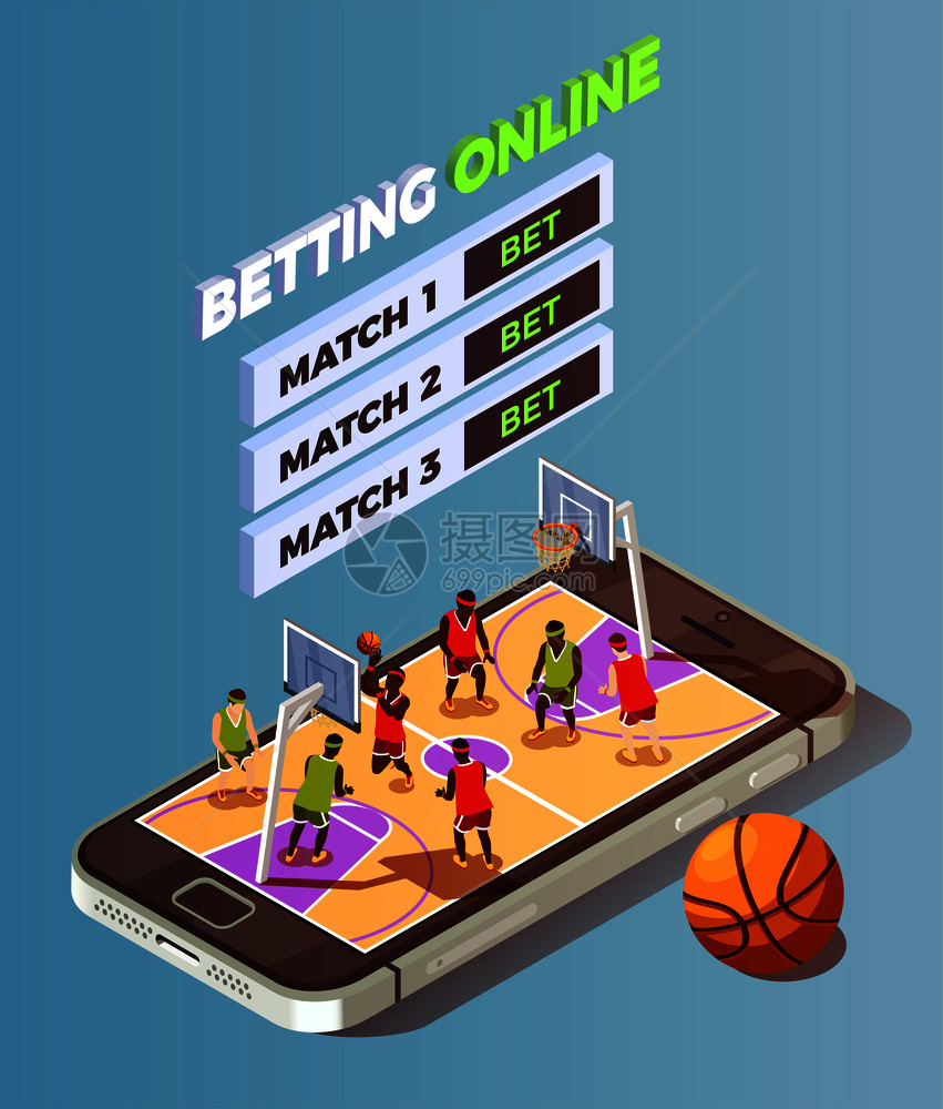 篮球等距投注线成与篮球场放置智能手机屏幕与投注按钮矢量插图篮球投注线图片