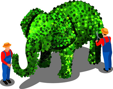 人与大象园丁等距成的制服人类字符倾斜大象形状的灌木丛与阴影空白背景矢量插图创造的园艺等距构图插画