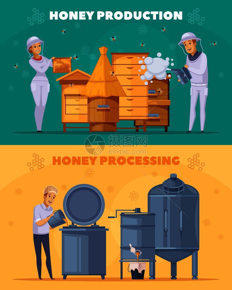 养蜂场生产2个卡通水平横幅蜂蜜收获巴氏菌分离矢量插图蜂蜜制作卡通水平横幅图片