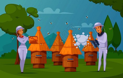 蜜蜂吸烟者蜂场养蜂人采蜜卡通构图海报,用吸烟者手持蜂窝矢量插图蜜蜂农场采蜜卡通插画