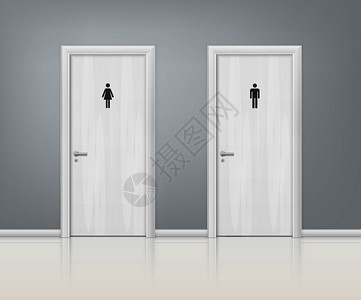 两个男人两个白色木门WC写实构图,为男女提供门矢图上的铭文门WC写实构图插画
