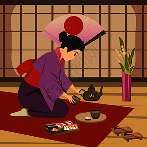 茶垫日本传统茶道仪式由女地板垫上表演,民族符号,背景海报,矢量插图日本文化传统背景海报插画