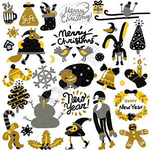 诞元素书法字母,树,诞老人滑雪,雪人动物矢量插图诞元素集图片