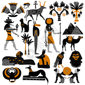 骆驼雕塑群埃及套装饰图标与古代神,狮身人像,甲虫,金字塔,棕榈树,安赫矢量插图埃及装饰图标插画