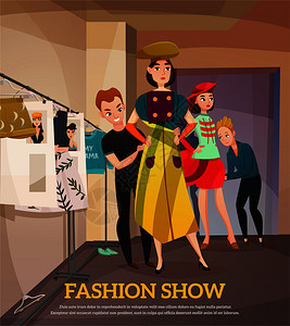 师女孩模特五颜六色的服装与帽子后台时装秀矢量插图时装秀后台插图图片