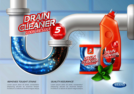 产品布局排水清洁海报广告与图像的冲洗硬污渍被冲走产品包装矢量插图卫生排水清洁海报插画