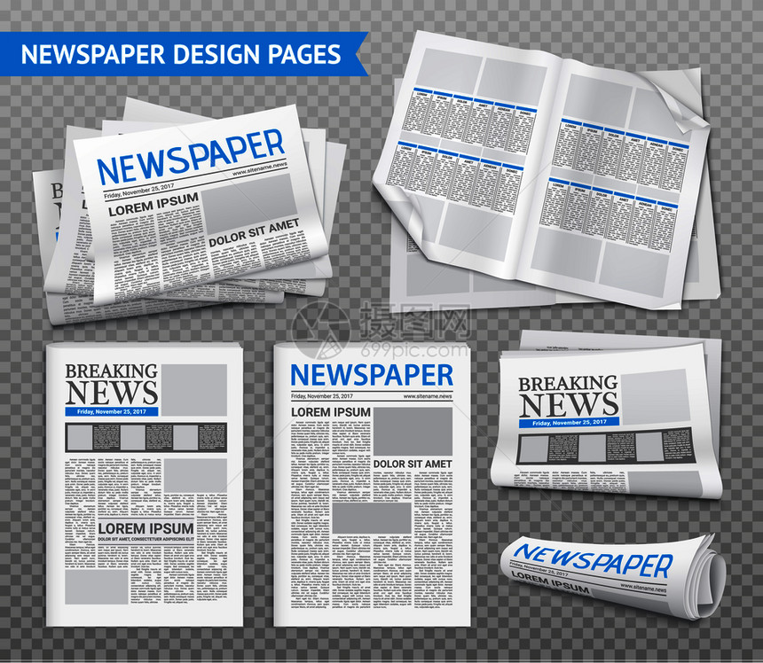 套报纸页与突发新闻透明背景下现实矢量插图现实的报纸透明套装图片