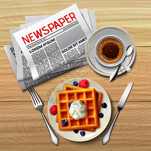 木糠杯早上杯咖啡盘包报纸木桌上真实的背景矢量插图早报海报插画