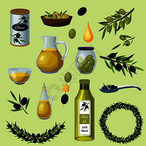 绿色黑色橄榄健康产品卡通图标与瓶传统食用油背景矢量插图橄榄产品卡通图标插画