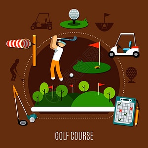 高尔夫球场构图与球员摆立场,游戏场与棕色背景矢量插图高尔夫球场的成背景图片