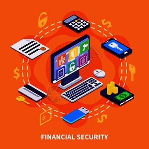 网上银行金融安全等距的橙色背景三维矢量插图财务安全说明图片