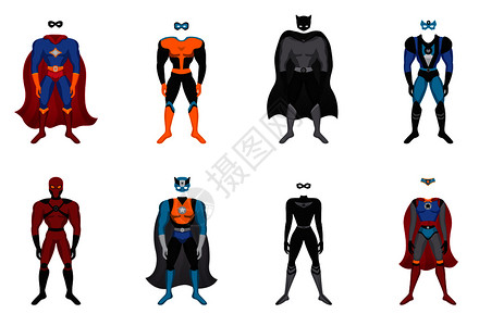 套男女五颜六色的服装超级英雄与斗篷具矢量插图超级英雄服装套装图片