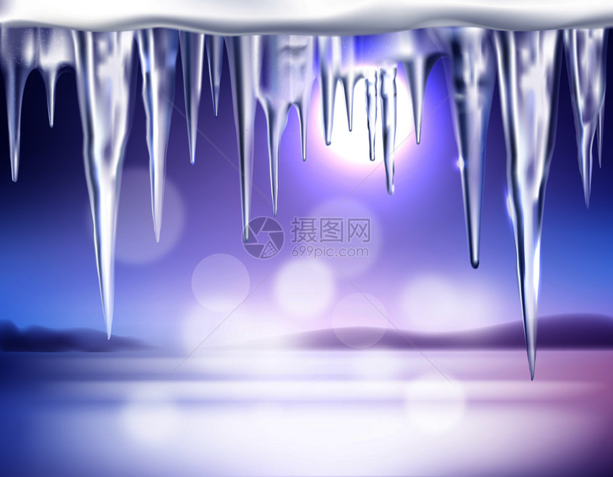 冬季乡村景观与朝阳模糊气泡背景现实的冰柱顶部合矢量插图冬季现实背景与冰柱图片