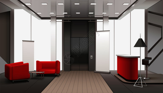 大堂大门大堂内部写实构图与红色沙发电梯门灯与阴影日光窗矢量插图电梯大堂逼真的内部插画