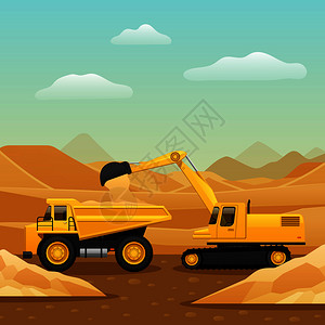 地工程施工机械成与挖掘机装载翻斗车与砂平矢量插图工程机械成插画