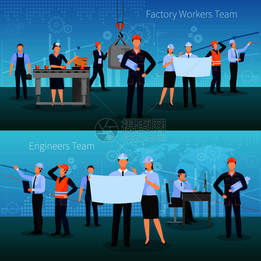 工厂工人队水平横幅技术符号平孤立矢量插图工厂工人队横幅图片