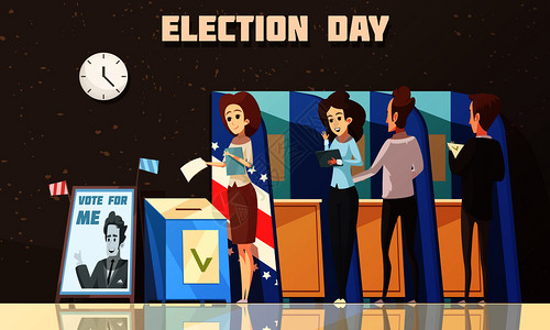 选举日政治海报,选民投票站投票,卡通构图,黑暗背景矢量插图政治选举投票卡通插图背景图片