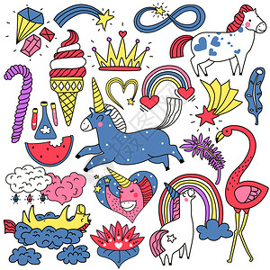 多彩皇冠可爱的独角兽仙女元素彩色涂鸦,包括皇冠,水晶,云,羽毛矢量插图独角兽仙女元素涂鸦集插画