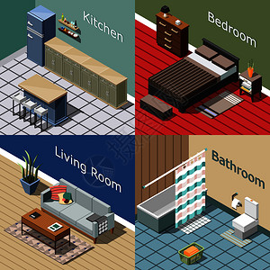 住宅内部等距的家庭酒店与厨房,卧室,休息室,浴室孤立矢量插图住宅内部等距图片