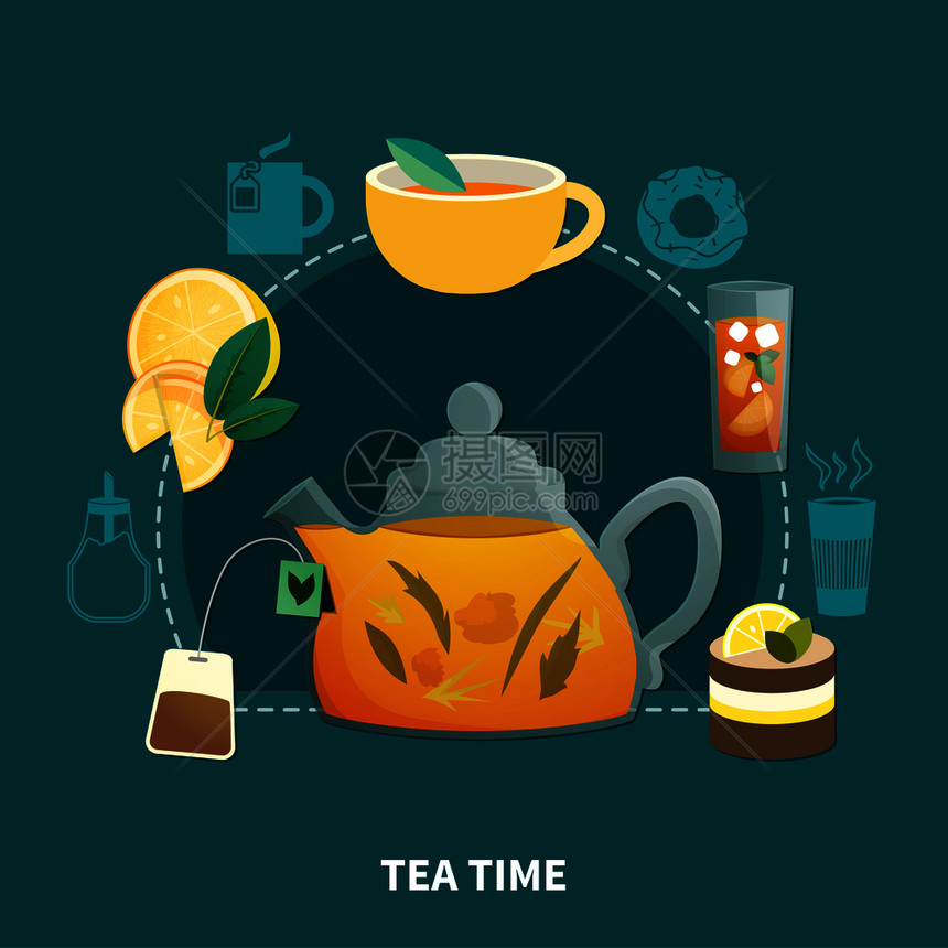 茶时间平成与草药茶壶,冷饮与柠檬黑暗背景矢量插图茶时间平成图片