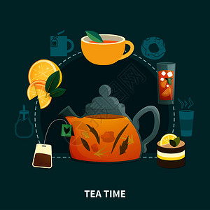 冷饮手机端模板茶时间平成与草药茶壶,冷饮与柠檬黑暗背景矢量插图茶时间平成插画