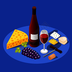 酒精测试等距葡萄酒生产背景与圆形奶酪片,葡萄璃螺旋矢量插图的图像静物酒背景插画