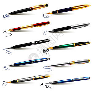 钢笔签名彩色现实的商业钢笔图标蓝色黑色墨水圆珠笔矢量插图商业钢笔图标插画