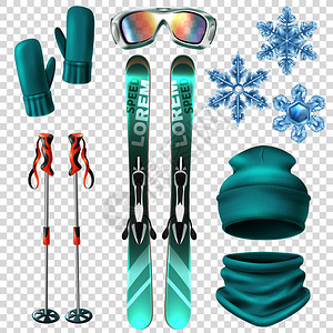 浅蓝色逼真的滑雪冬季图标雪花体育活动设备矢量插图滑雪冬季图标图片