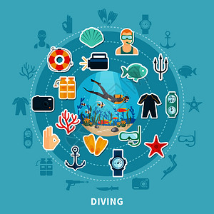带壳巴旦木蓝色背景下的潜水圆形构图,包括带潜水设备的图标救生圈水下野生动物矢量插图潜水圆形作文插画