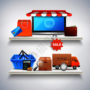 网上购物写实构图与两个货架各种图像的商品出售矢量插图货架上的物品成图片