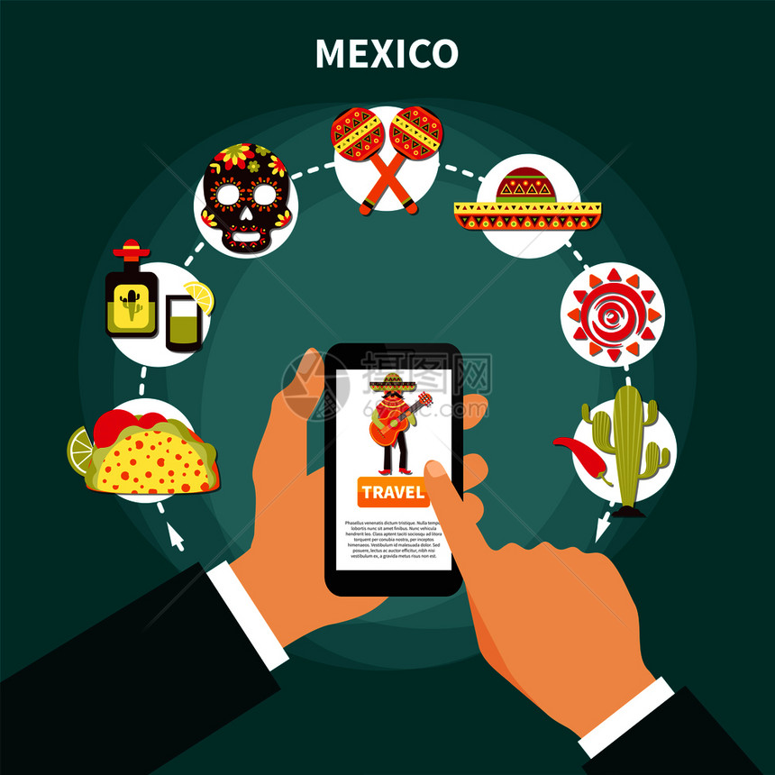 线选择前往墨西哥各种墨西哥符号平矢量插图墨西哥插图旅行图片